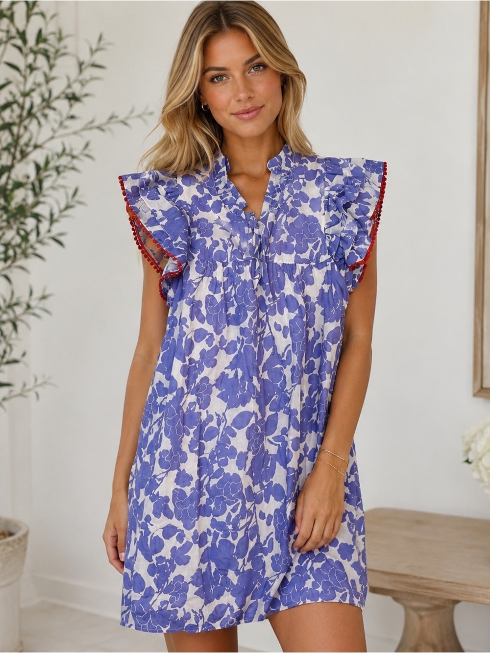 THML Blue Floral Flutter Sleeve Cotton Mini Dress XS